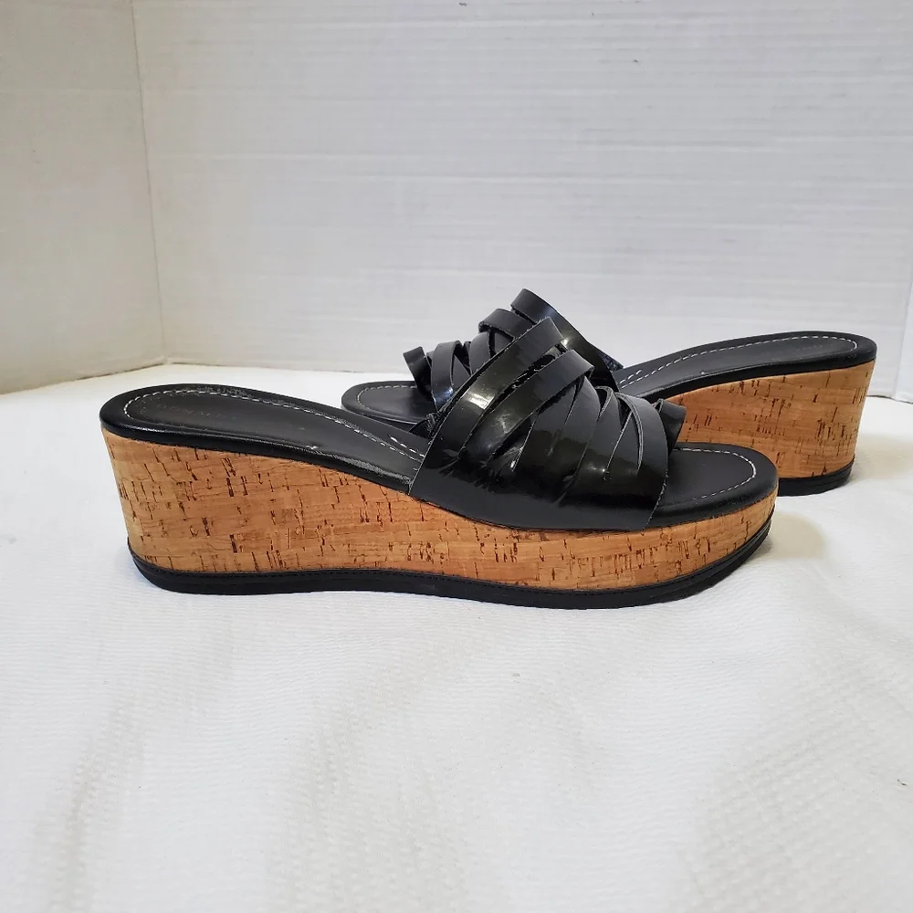 Donald J. Pliner Black Patent Leather Cork Wedge Sandals